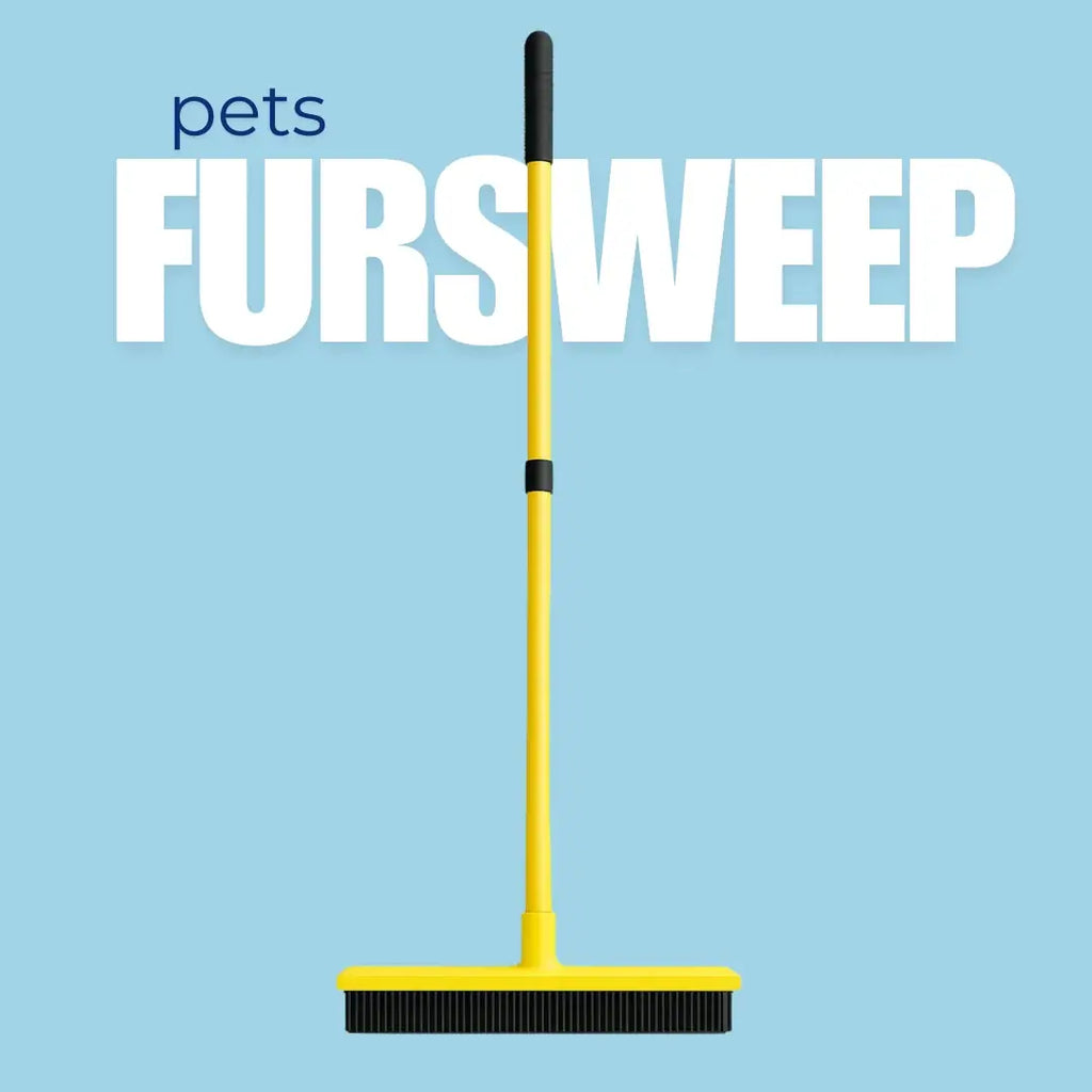 Pet hair removal broom available in red, blue, yellow, and green.