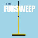 Pet hair removal broom available in red, blue, yellow, and green.