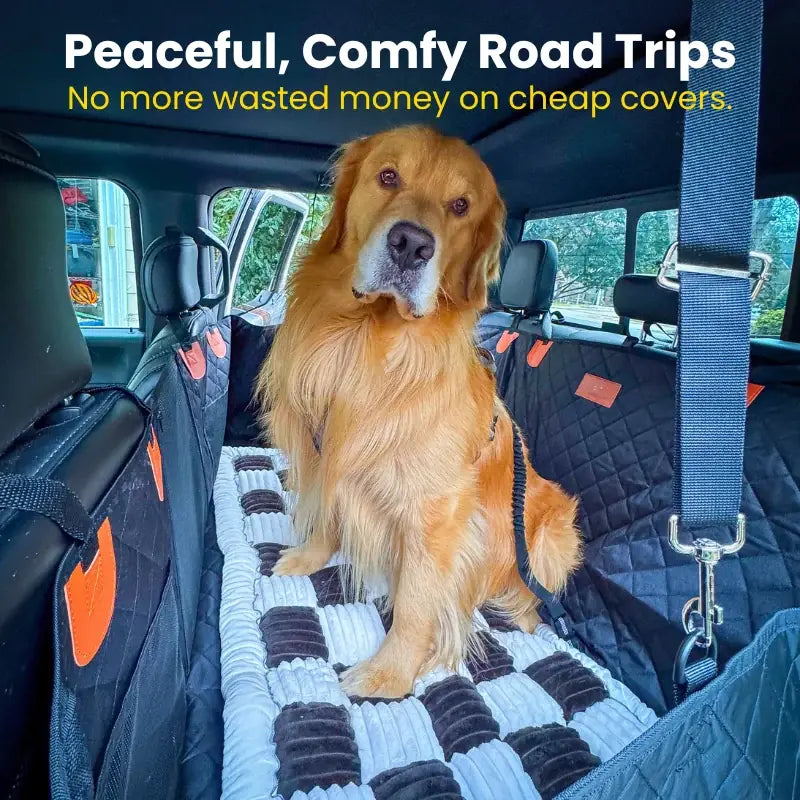 Dog resting on the hard-bottom car bed during travel