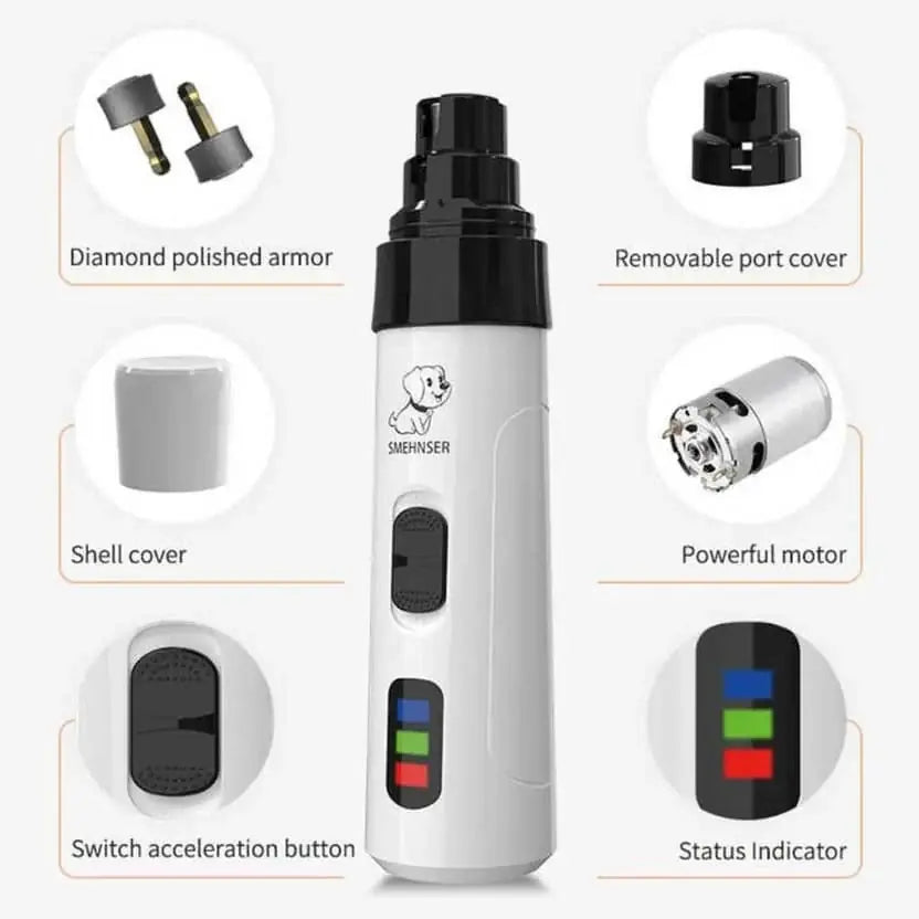 Quiet pet nail grinder operating under 40 dB with low vibration for calm grooming.