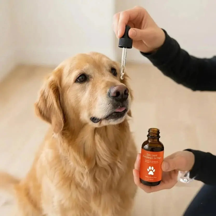 Daily liquid dog supplement with dropper for easy serving onto food.