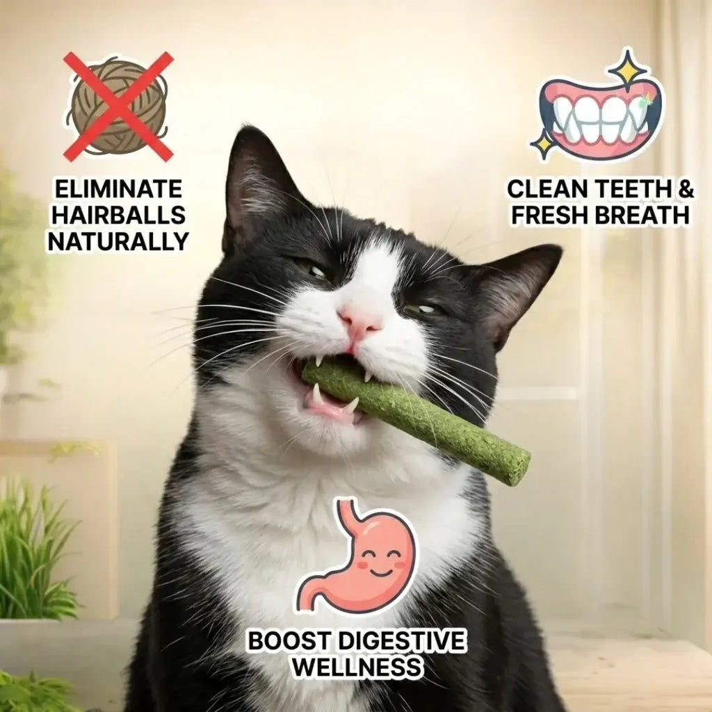 Cat chewing a natural grass and chicken dental stick.