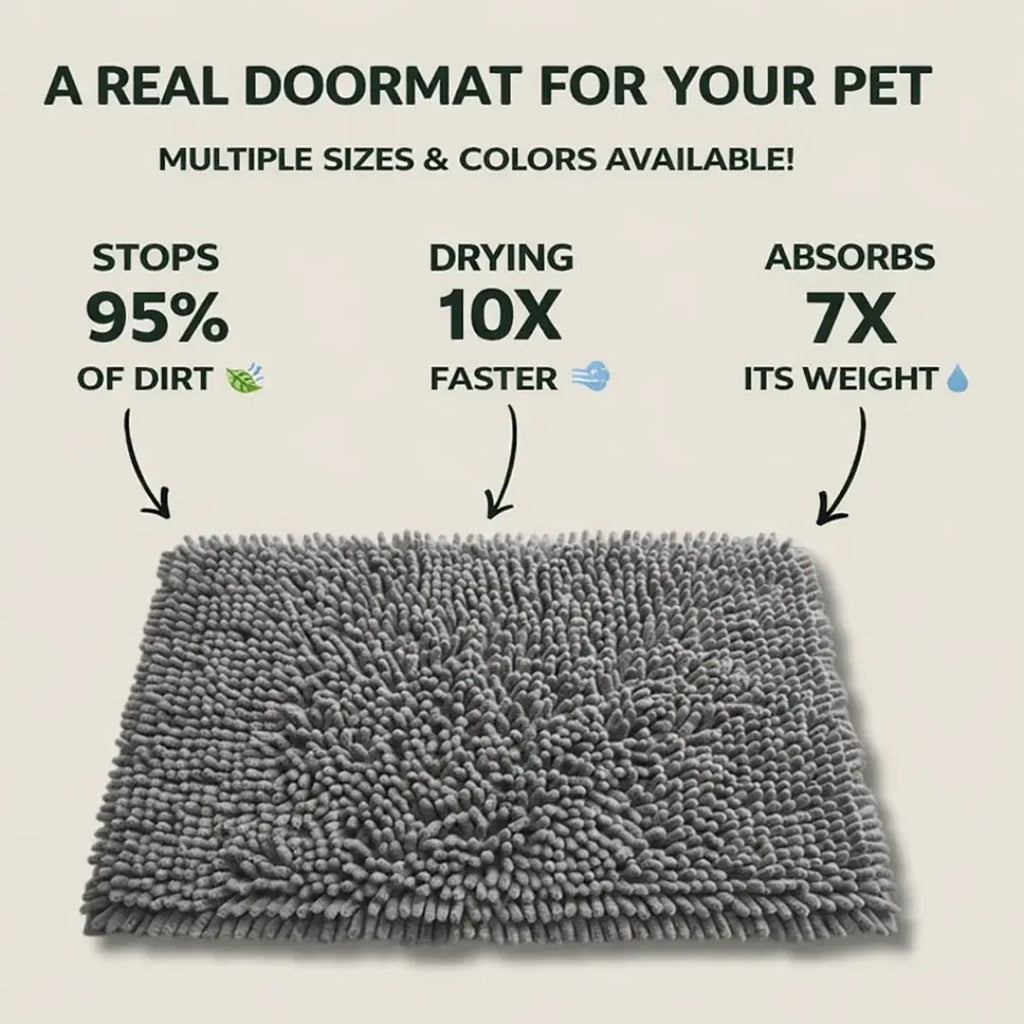 Anti-Mud Dog Door Mat, super-absorbent chenille mat for muddy paws, front view.