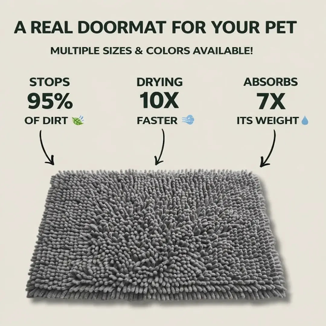 Anti-Mud Dog Door Mat, super-absorbent chenille mat for muddy paws, front view.