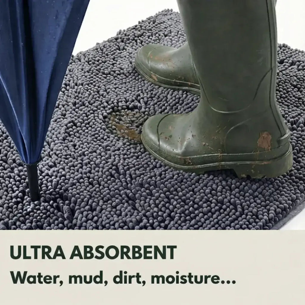 Absorbent dog mat shown with wet paws being dried on the surface.