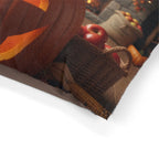 Soft coral-fleece top of the jack-o'-lantern Halloween pet bed