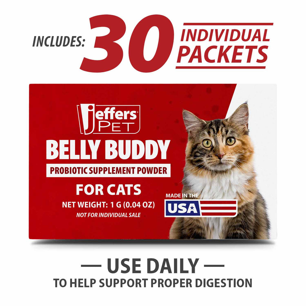 Jeffers Belly Buddy cat probiotic with 4 strains and 200 million CFU per gram of lactic acid bacteria