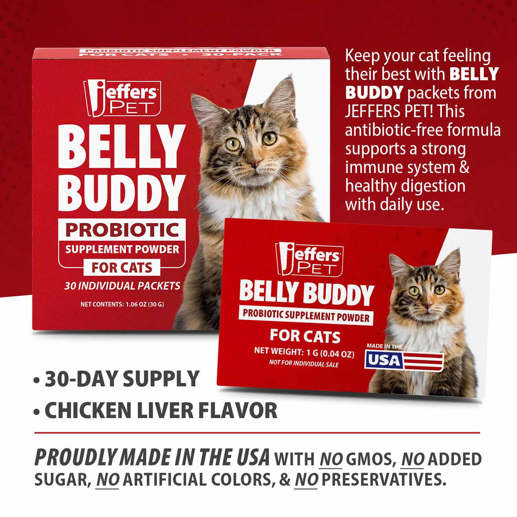 Belly Buddy probiotic supplement packets for cats by Jeffers, made in the USA