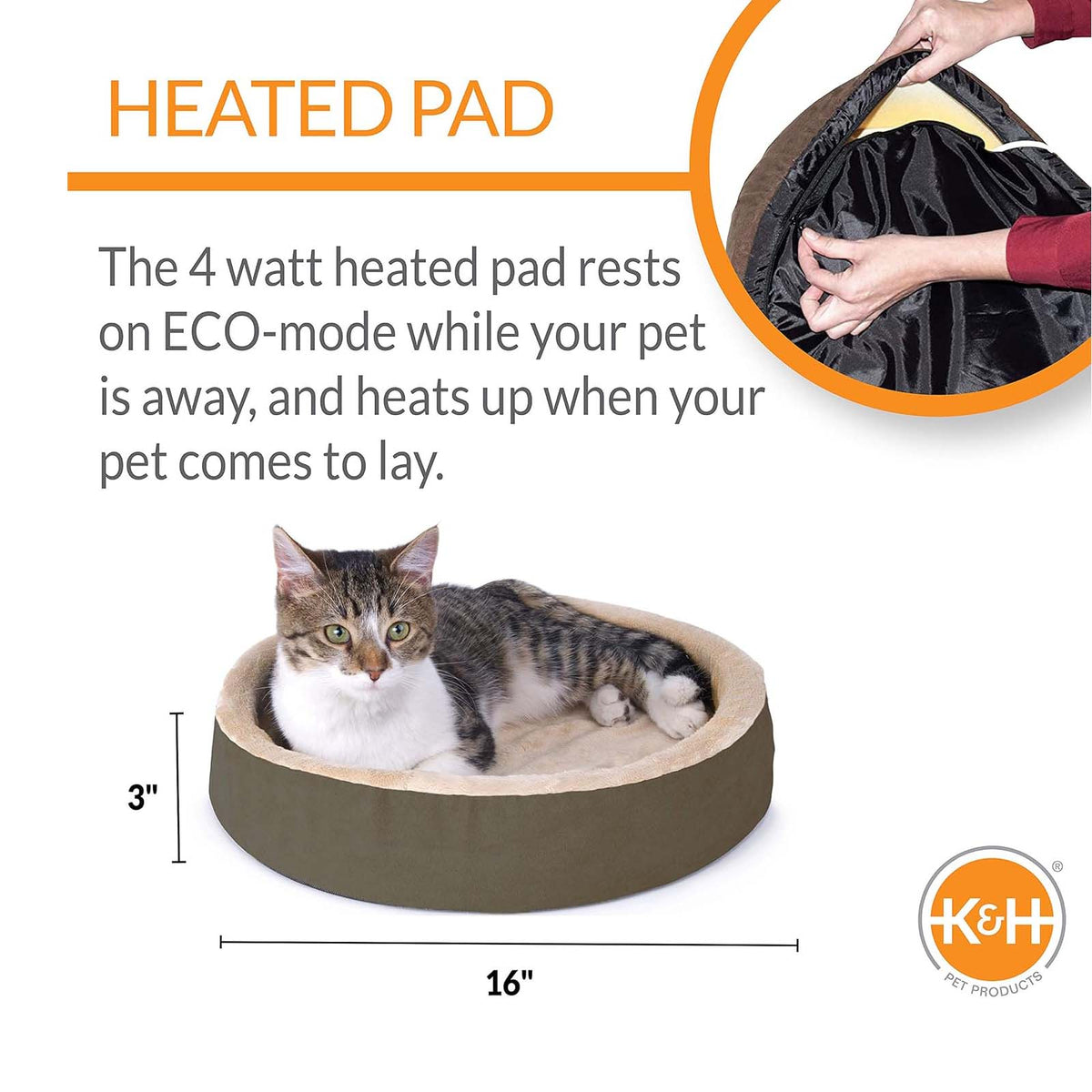 Mocha K&H heated cat bed, 16 inches across, sized for cats and small dogs