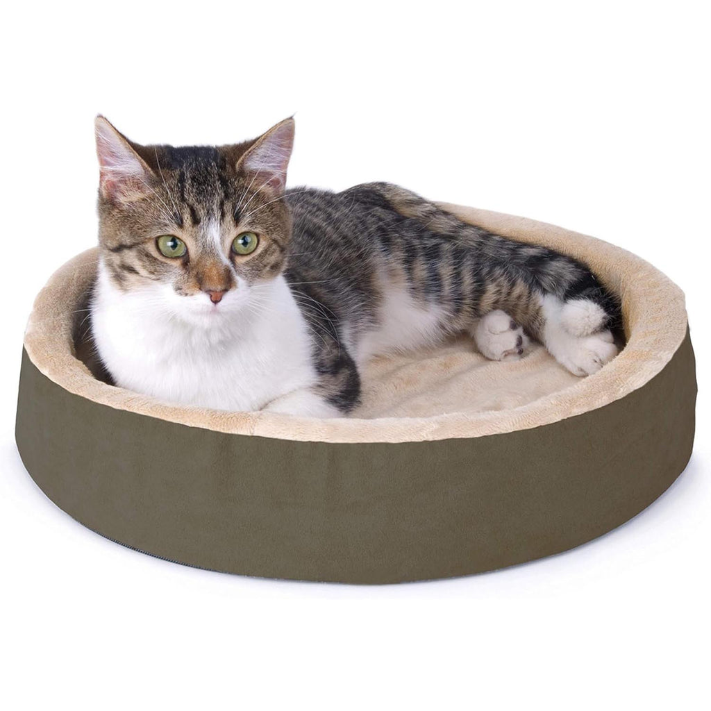 K&H Thermo-Kitty Cuddle Up heated cat bed in mocha brown with low, soft foam walls