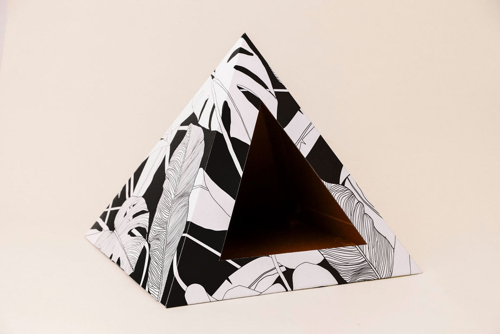 Kitty Kardboard Dark Paradise pyramid that ships flat and goes together in seconds by folding and tucking