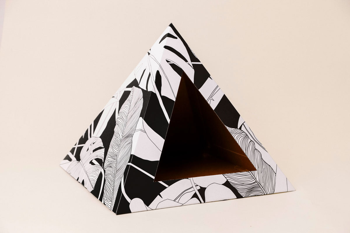 Kitty Kardboard Dark Paradise pyramid that ships flat and goes together in seconds by folding and tucking