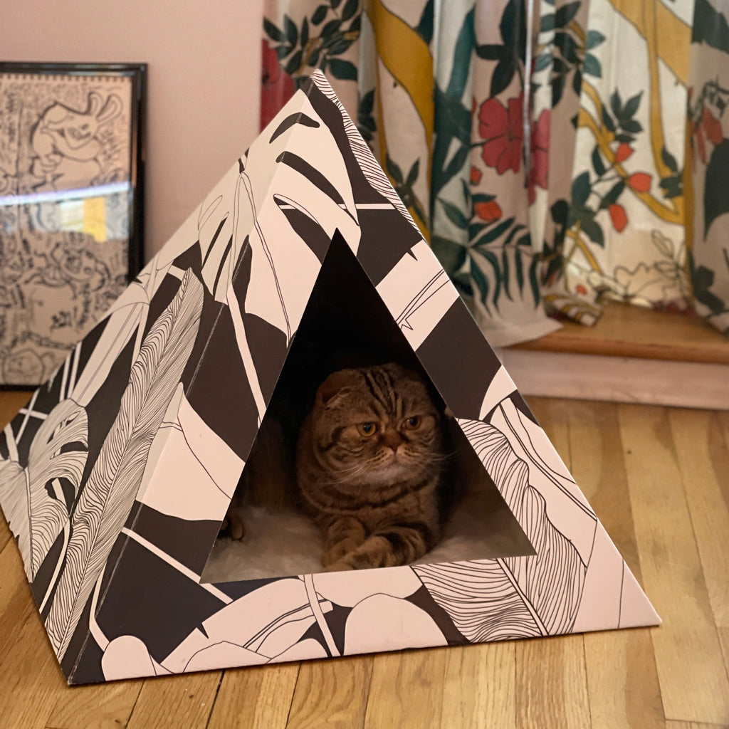 Dark Paradise cat pyramid by Kitty Kardboard, a pyramid-shaped cardboard hideaway for indoor cats