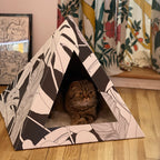 Dark Paradise cat pyramid by Kitty Kardboard, a pyramid-shaped cardboard hideaway for indoor cats