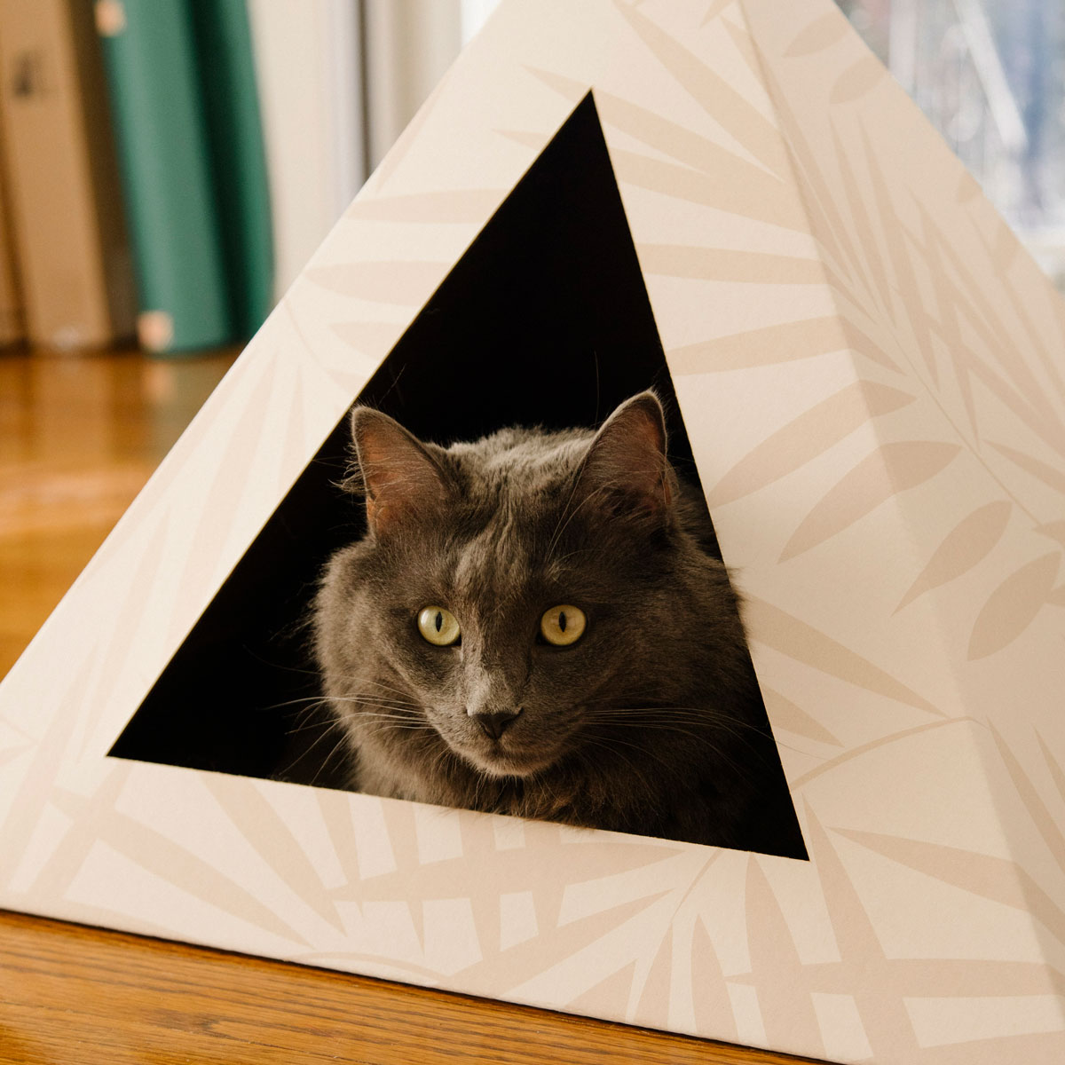 Kitty Kardboard Neutral Palm cat house with a neutral palm print, made from recycled cardboard