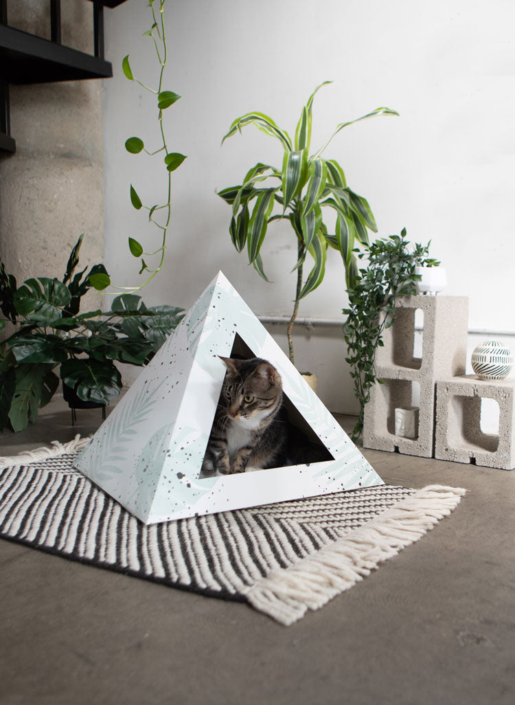 Kitty Kardboard Oasis cardboard cat pyramid with a tropical print, a modern hideaway made in the USA