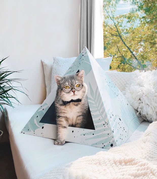 Kitty Kardboard Oasis cardboard cat pyramid with a cat inside its cozy hideaway