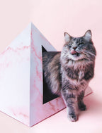 Kitty Kardboard Rose Quartz cardboard cat pyramid with a pink rose quartz marble print, a modern hideaway made in the USA