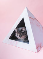 Kitty Kardboard Rose Quartz cat house with a pink rose quartz marble print, made from recycled cardboard