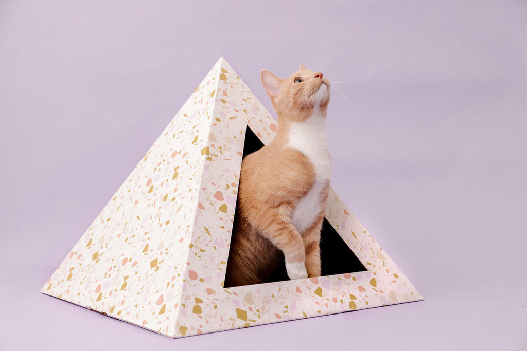 Kitty Kardboard Terrazzo cardboard cat pyramid with a terrazzo print, a modern hideaway made in the USA