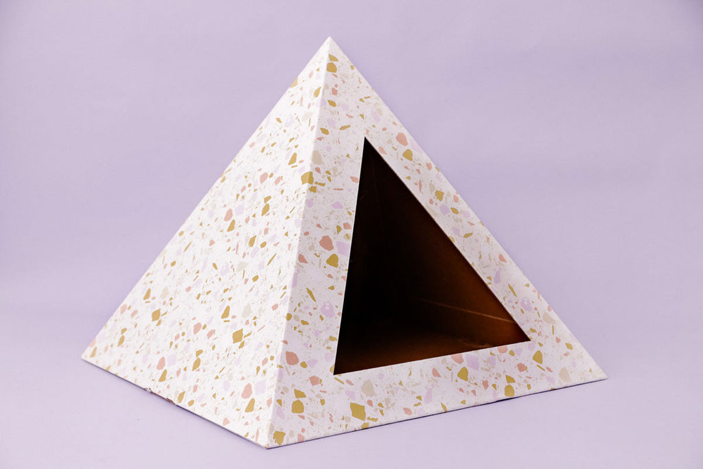 Kitty Kardboard Terrazzo pyramid that ships flat and goes together in seconds by folding and tucking