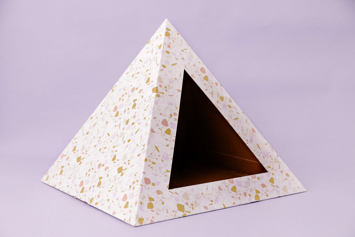 Kitty Kardboard Terrazzo pyramid that ships flat and goes together in seconds by folding and tucking