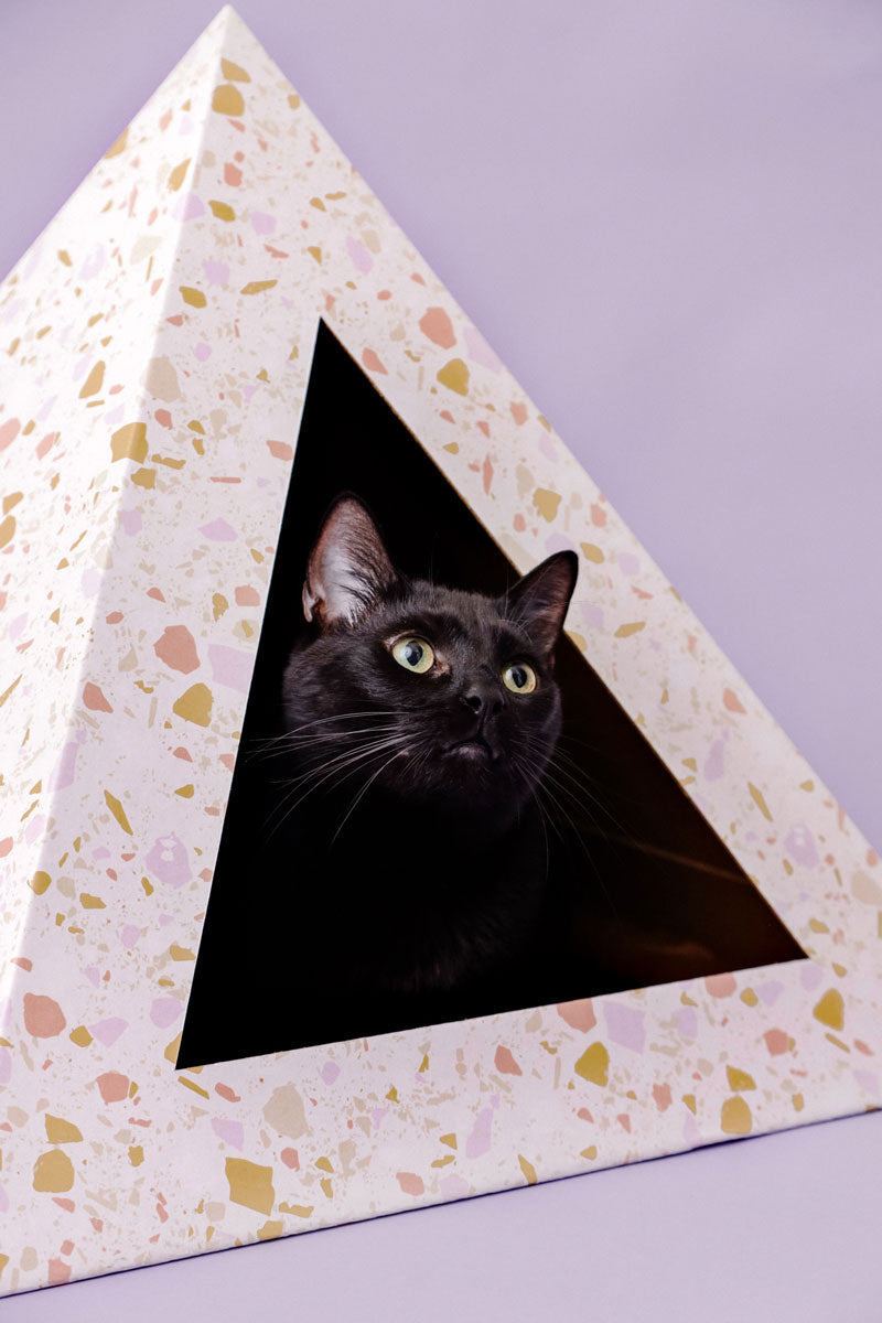 Terrazzo cardboard cat pyramid from Kitty Kardboard, printed with water-based, biodegradable ink
