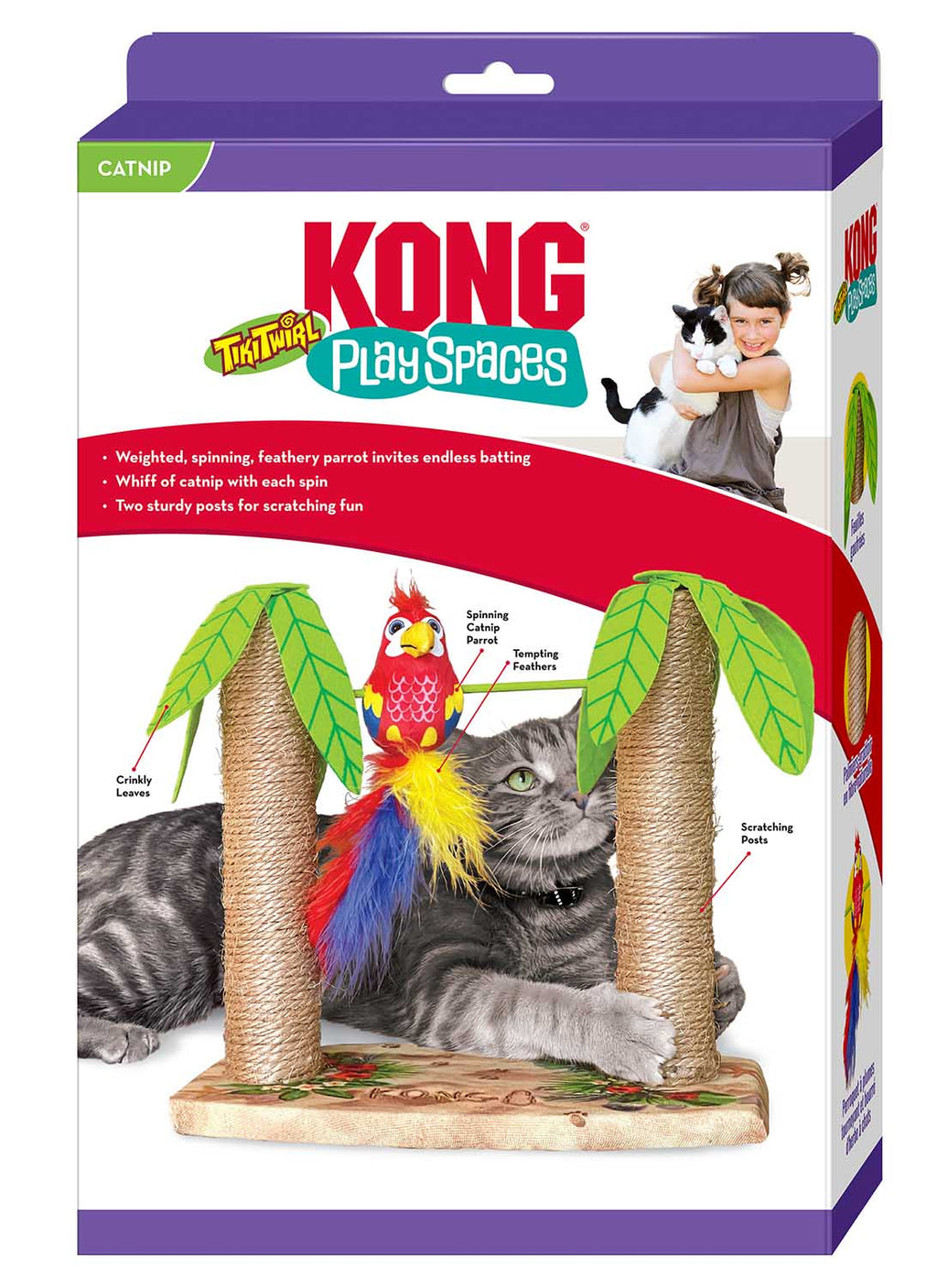 KONG Play Spaces Tiki Twirl cat scratcher toy with two palm-tree posts and a spinning parrot