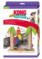 KONG Play Spaces Tiki Twirl cat scratcher toy with two palm-tree posts and a spinning parrot