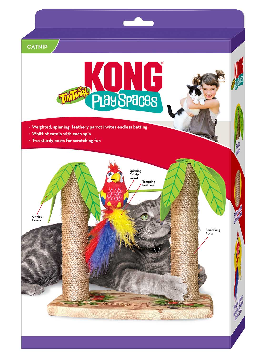 KONG Play Spaces Tiki Twirl cat scratcher toy with two palm-tree posts and a spinning parrot