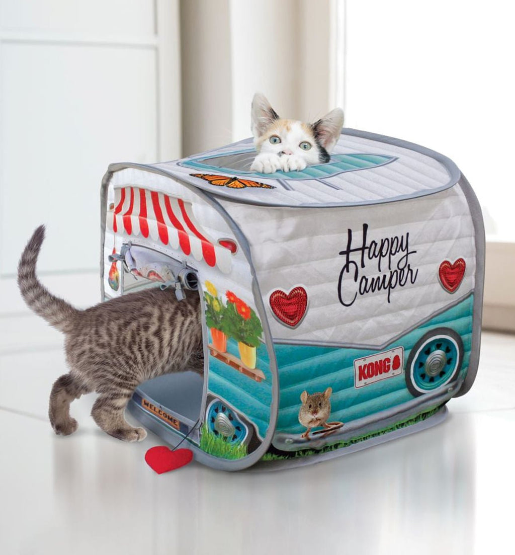 Multicolor KONG pop-up camper for cats with an attached crinkle dangle toy filled with catnip