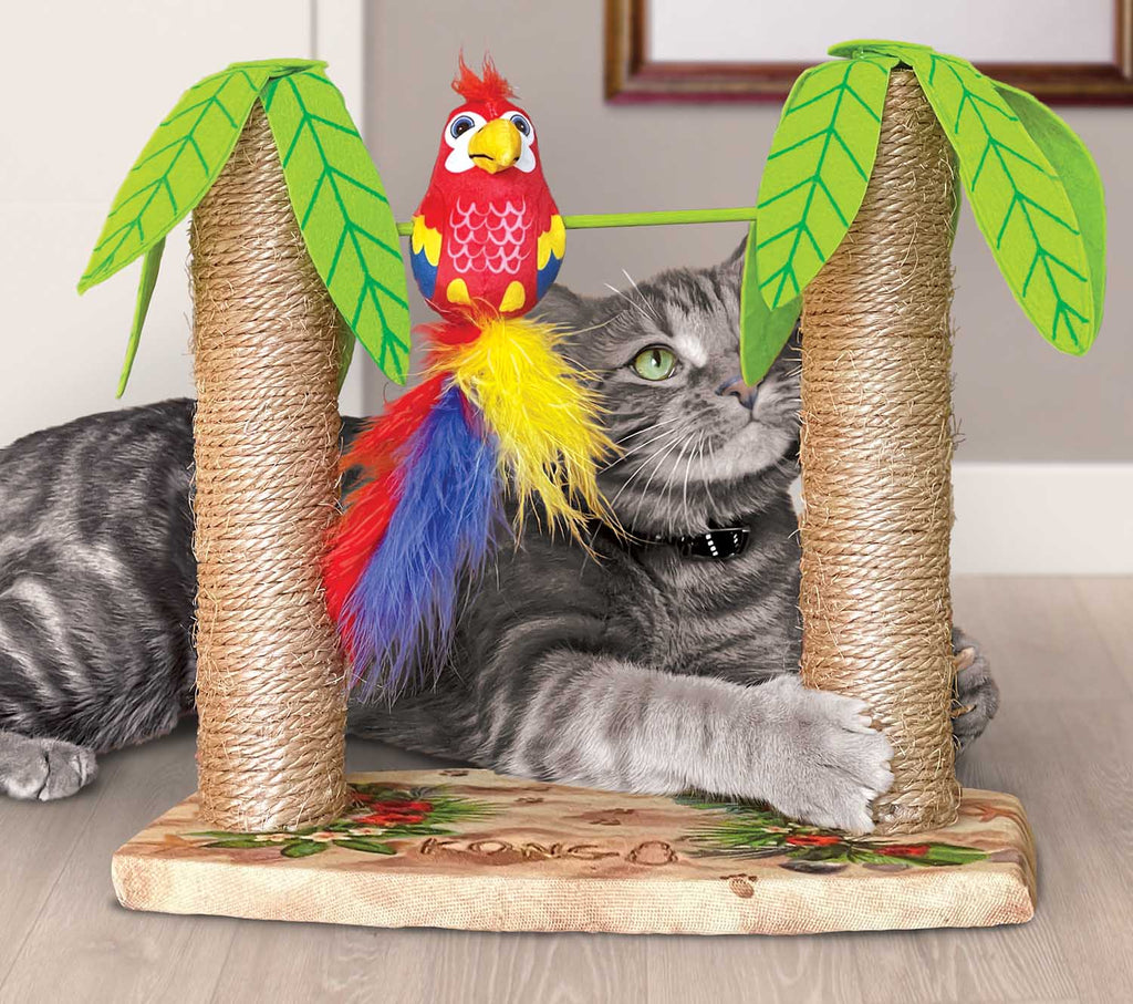 KONG Tiki Twirl cat scratcher and play station on a fabric-covered base, 12 x 8 x 11 in