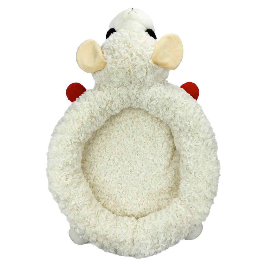 White Lamb Chop dog bed in ultra plush polyester, styled after Shari Lewis' classic character