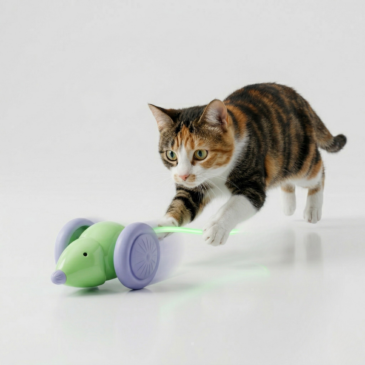 Interactive mouse toy for cats with a bright LED tail to catch their attention