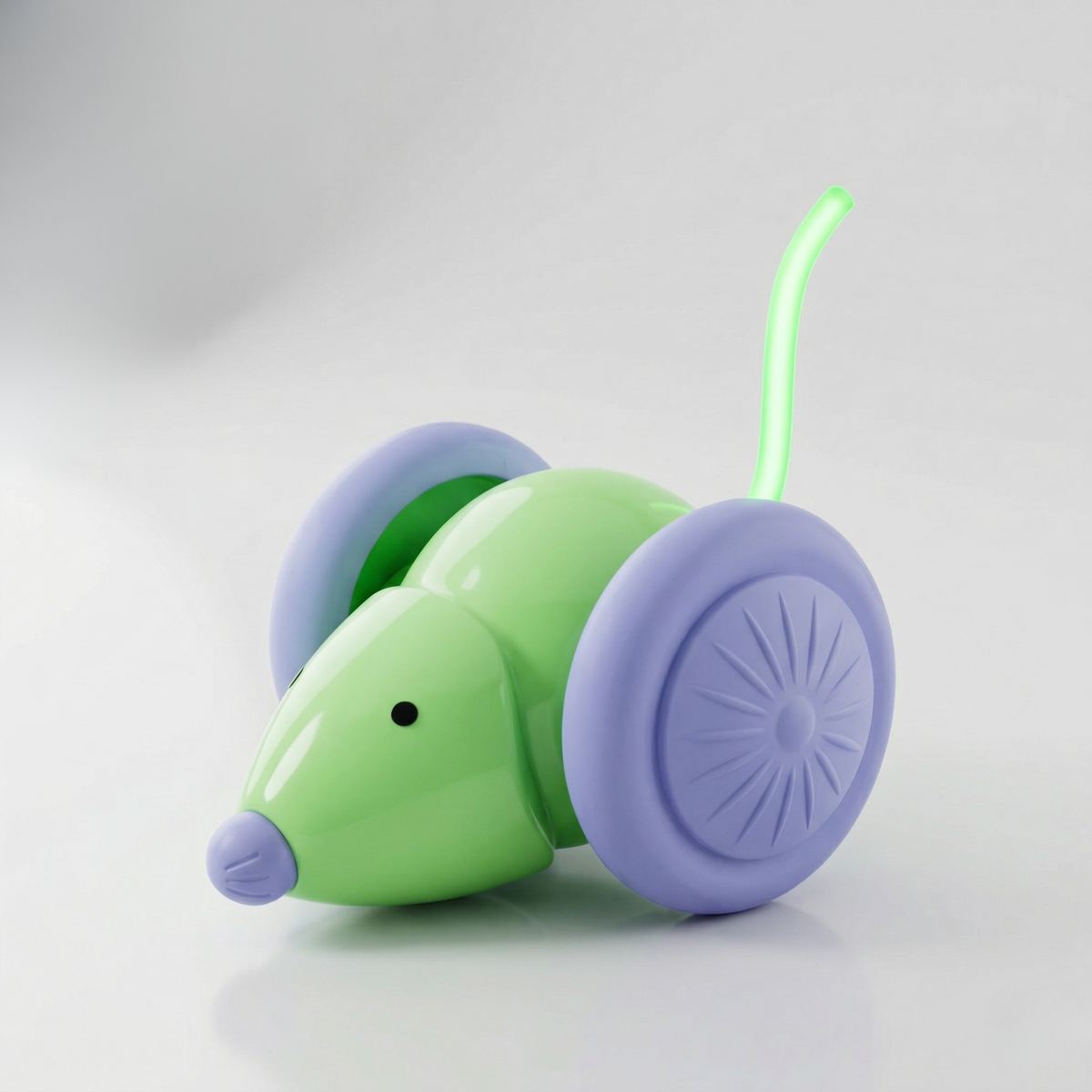 Green interactive mouse cat toy with a glowing LED tail tip, 12 inches long overall