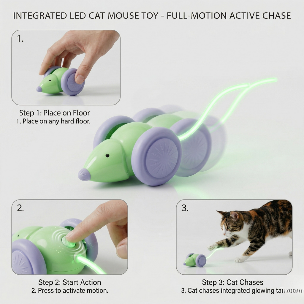 Mouse-shaped cat toy with a light-up tail tip that invites stalking and pouncing