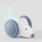 White interactive mouse cat toy with an LED tail that lights up during play
