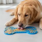 Silicone lick mat with food-holding channels that slow down fast-eating dogs and cats