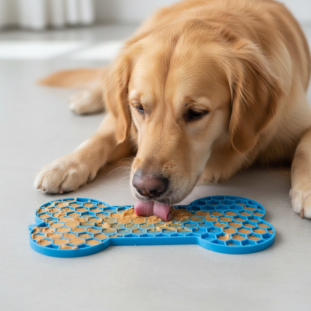 Silicone lick mat with food-holding channels that slow down fast-eating dogs and cats