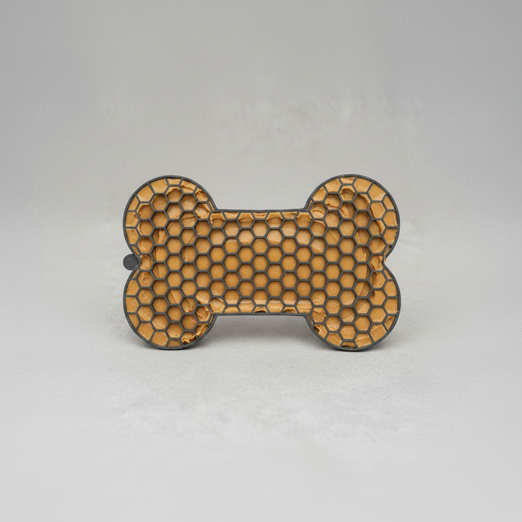 Lightweight 60 g silicone lick mat with a raised bone motif for slow licking