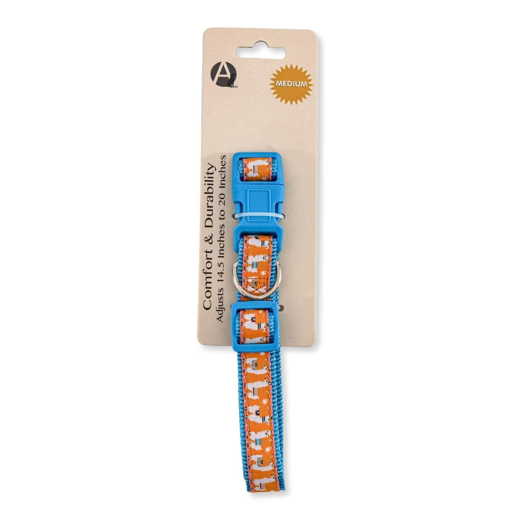 Llama embroidered nylon dog collar in size Medium, adjustable for 14.5 to 20 inch necks