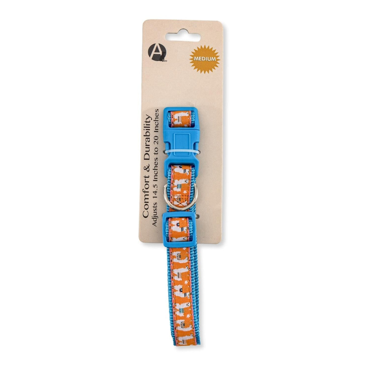 Llama embroidered nylon dog collar in size Medium, adjustable for 14.5 to 20 inch necks
