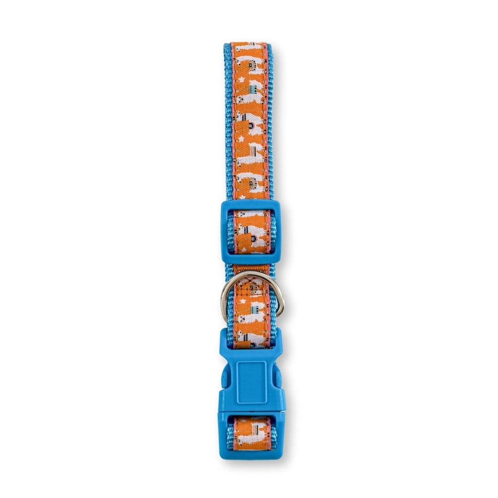 Llama embroidered nylon dog collar with metal fixings and clips, in Medium or Large