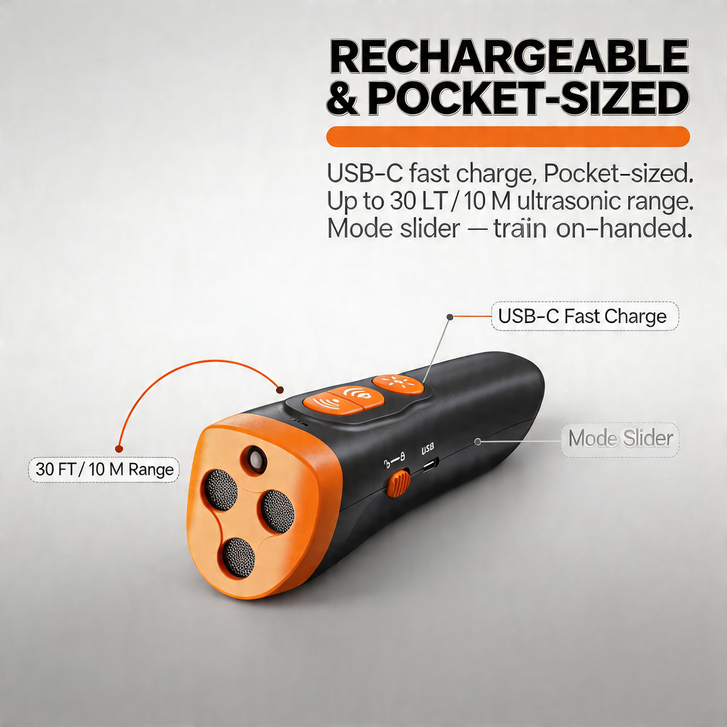 Range and USB charging graphic for the Midfox dog trainer, up to 50 ft and about 2 hours