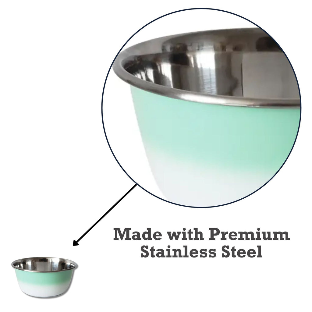Stainless steel dog bowl with deep sides and a soft mint green finish for the feeding area