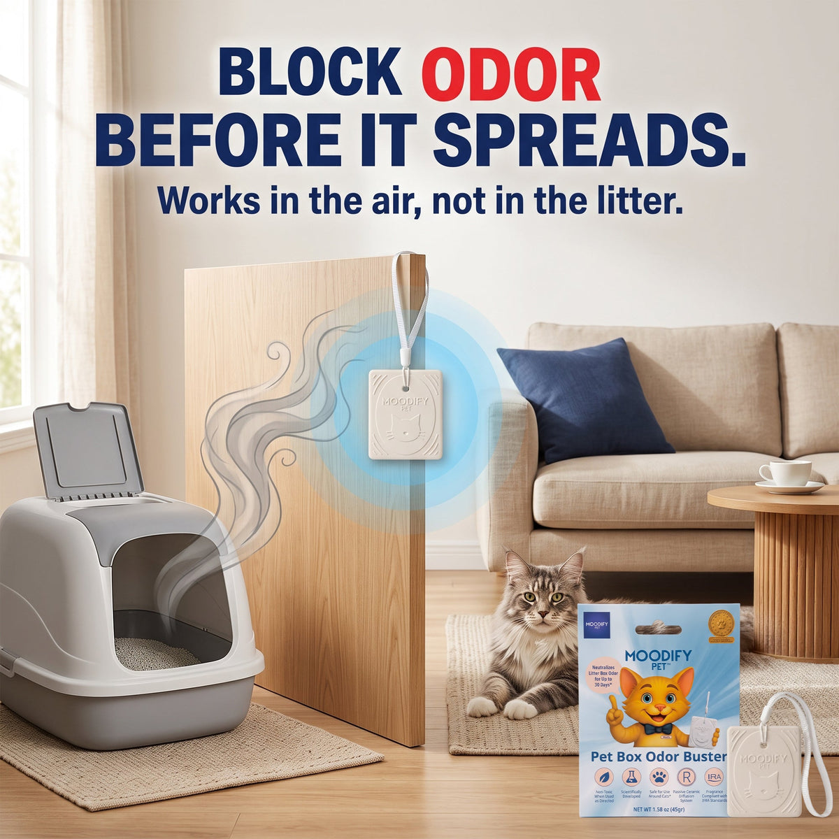 MoodifyPet cat litter odor neutralizer using catalyst technology to neutralize odor molecules