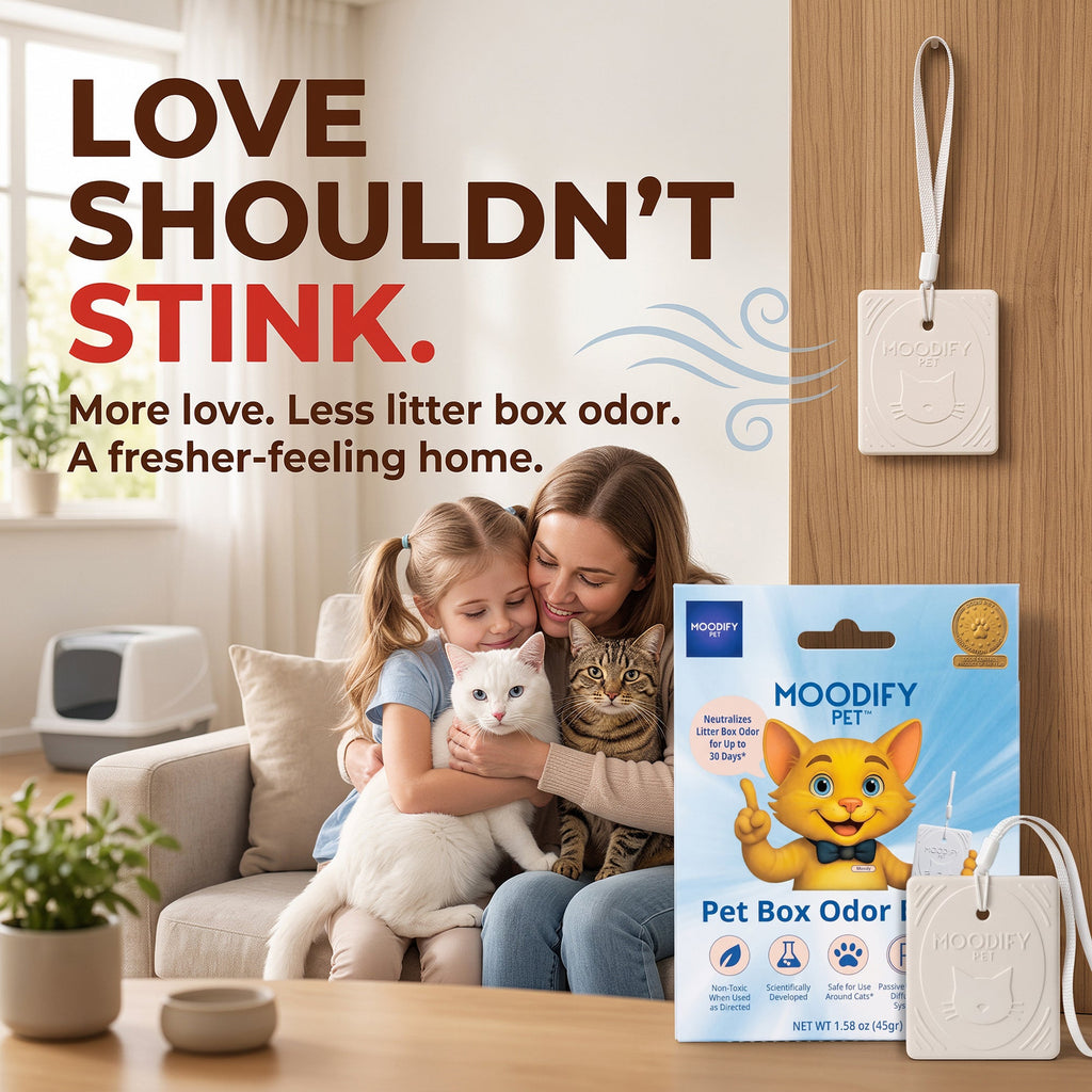 MoodifyPet litter box odor neutralizer that hangs above the litter box, with no sprays or powders