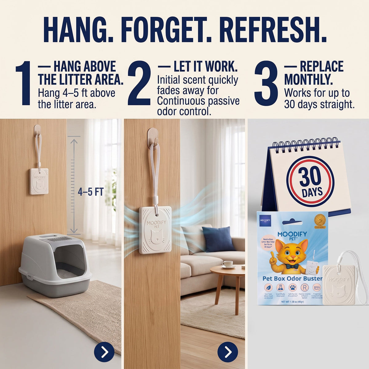MoodifyPet Cat Litter Box Odor Neutralizer for one-cat homes, with no plug-in or batteries needed