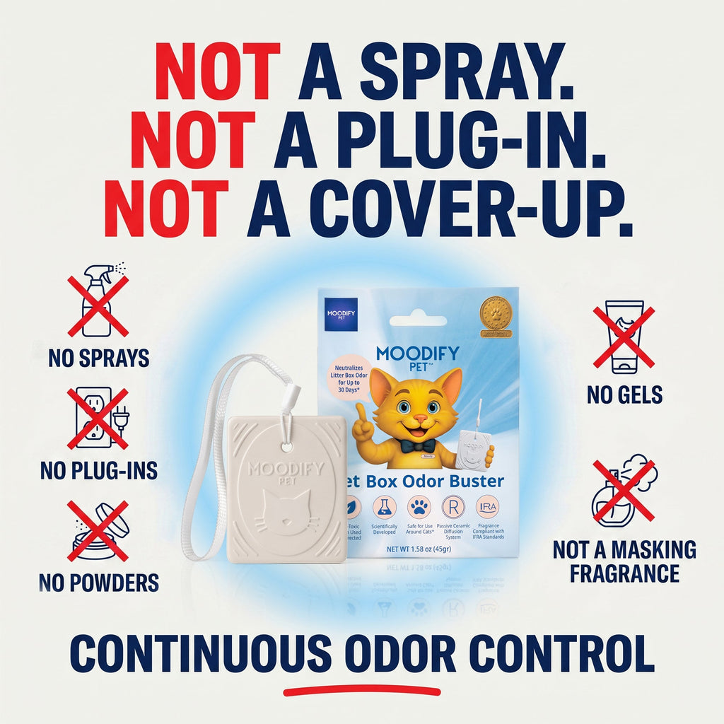 Single MoodifyPet litter box odor neutralizer, replaced every 30 days for continuous odor control