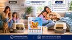 Before and after image for a cat litter box area with the MoodifyPet odor neutralizer 12-pack
